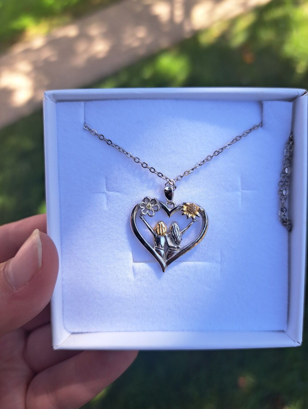 Two-Tone Heart Floral Pendant Necklace - Silver with Gold Accents